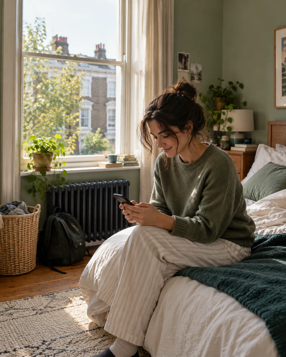 A tenant in her room, checking the portal on her phone