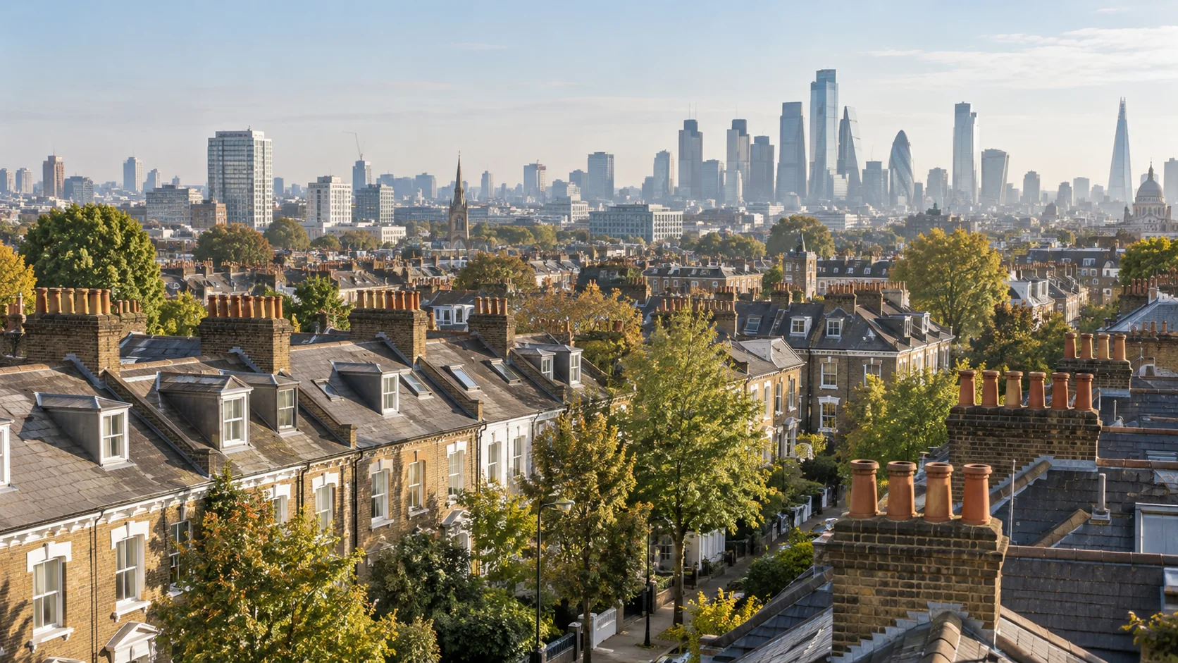 London rooftops with the City skyline in the distance