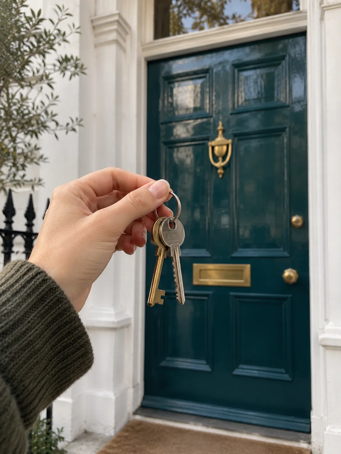 House keys held up in front of a deep teal front door