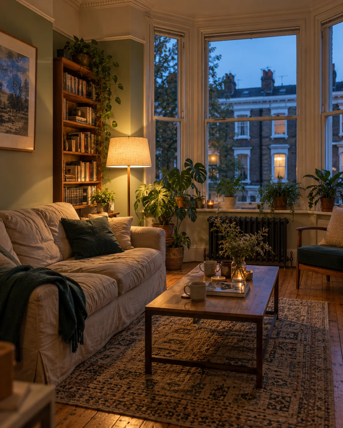 A shared living room in the evening