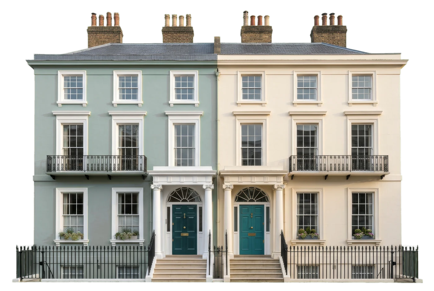 Two London townhouses side by side, one sage and one cream