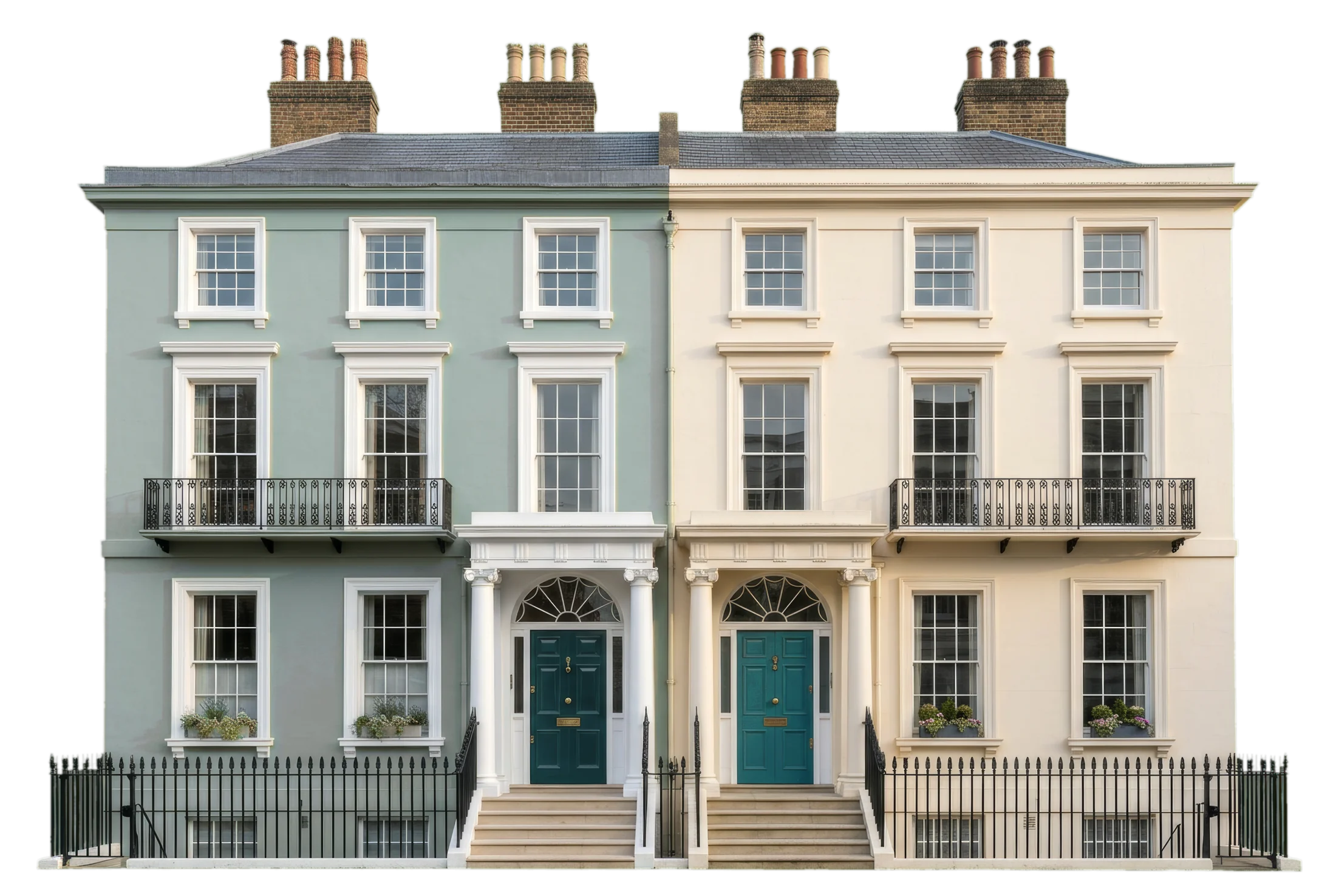 Two London townhouses, one painted sage and one cream, with deep teal front doors